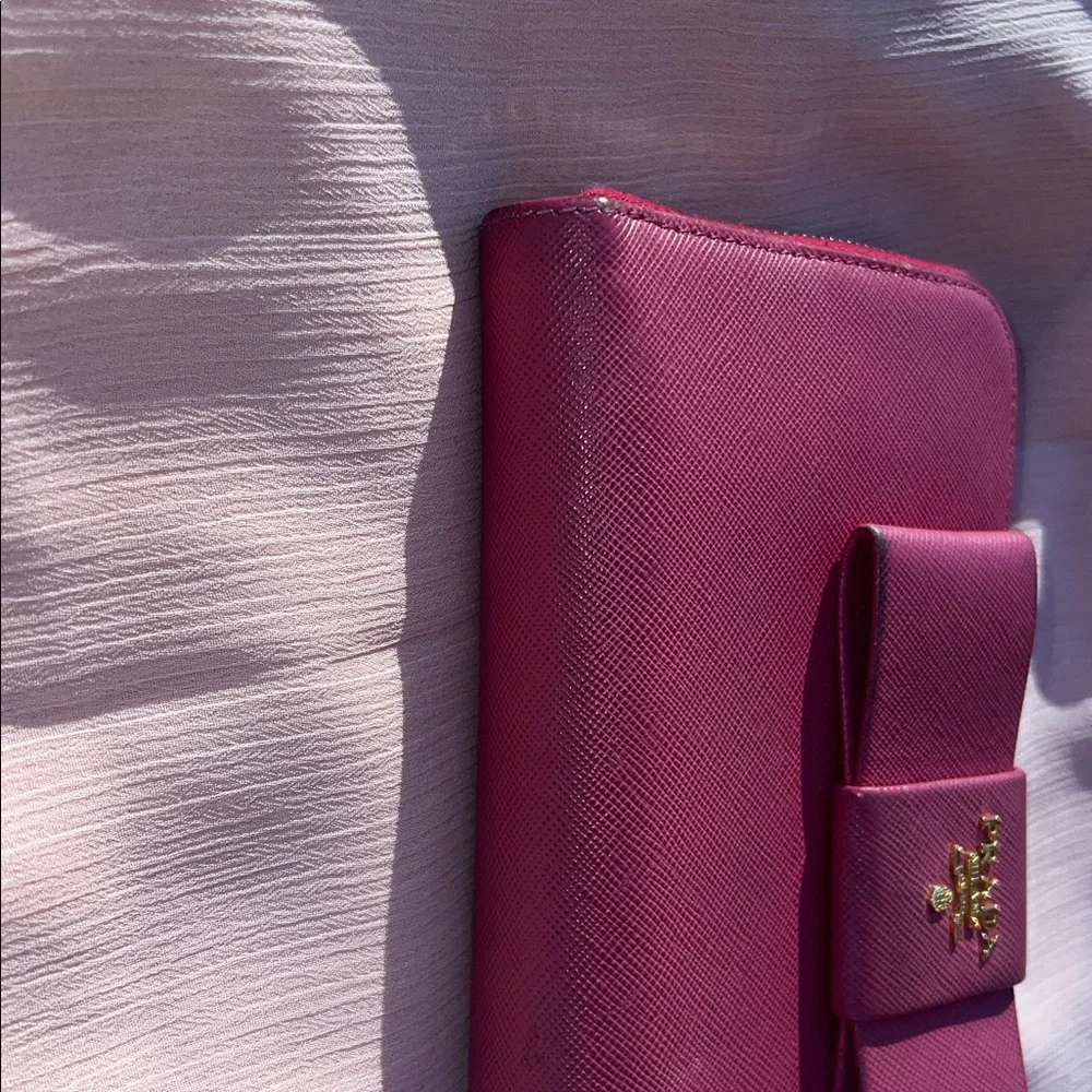 Prada Pink Fuchsia Bow Saffiano Leather  Zippy Wallet